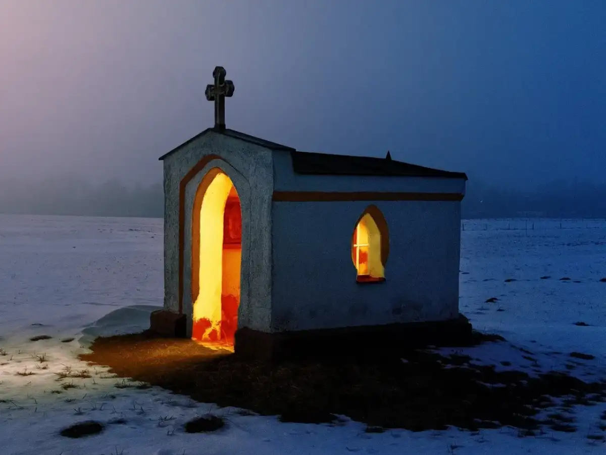 Kapliczka z krzyżem na dachu, oświetlona od środka, w zimowym krajobrazie. Symbol nadziei i religii.