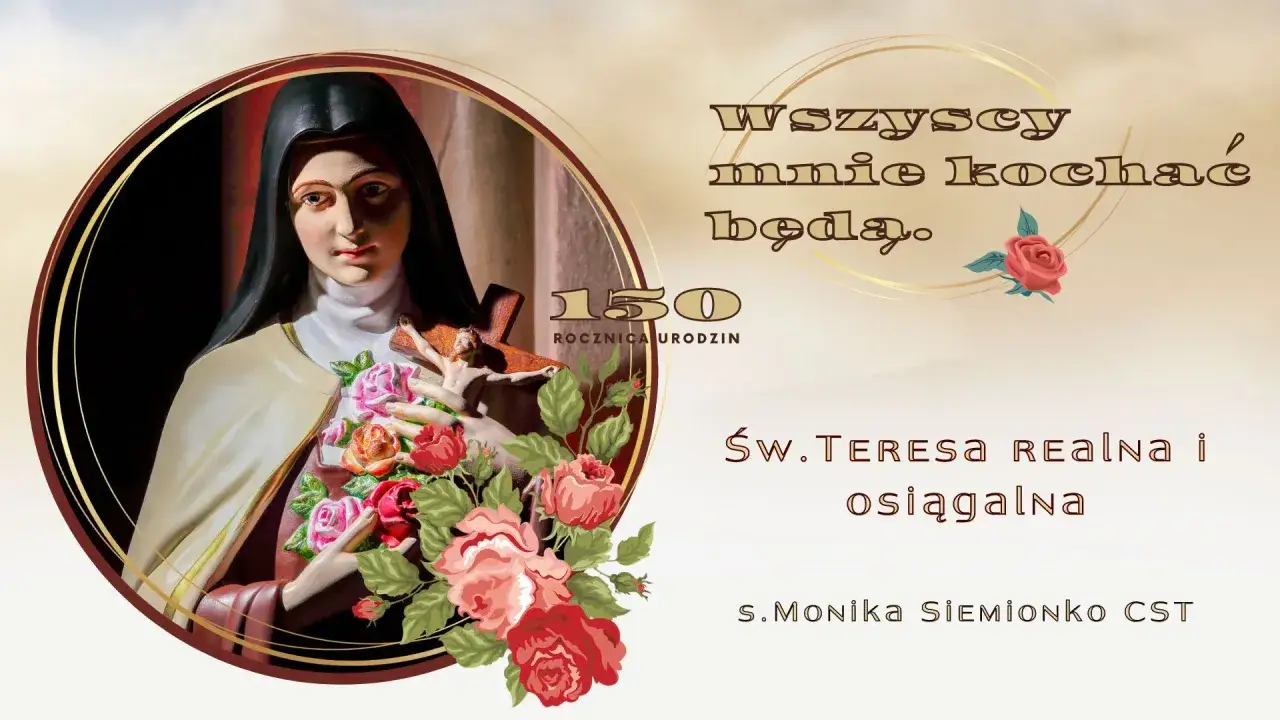 Modlitwa do św. Teresy od Dzieciątka Jezus. Obrazek z jej wizerunkiem, różami i cytatem 